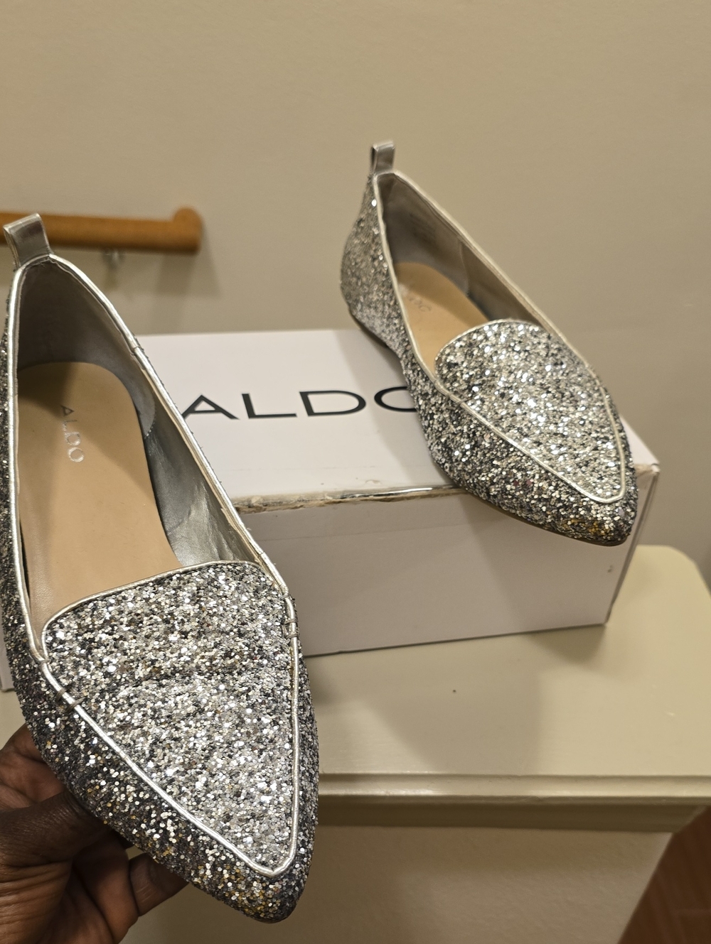 Aldo Silver Glitter Pointed Loafer Flats